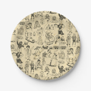 Vintage toys and playing children pattern paper plate