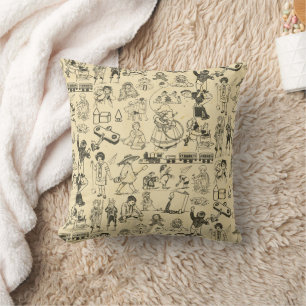 Vintage toys and playing children pattern throw pillow