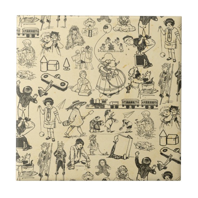Vintage toys and playing children pattern tile (Front)