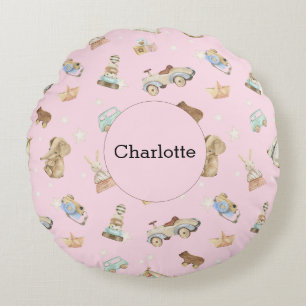 Vintage Toys Baby Girl Nursery Pink Round Pillow