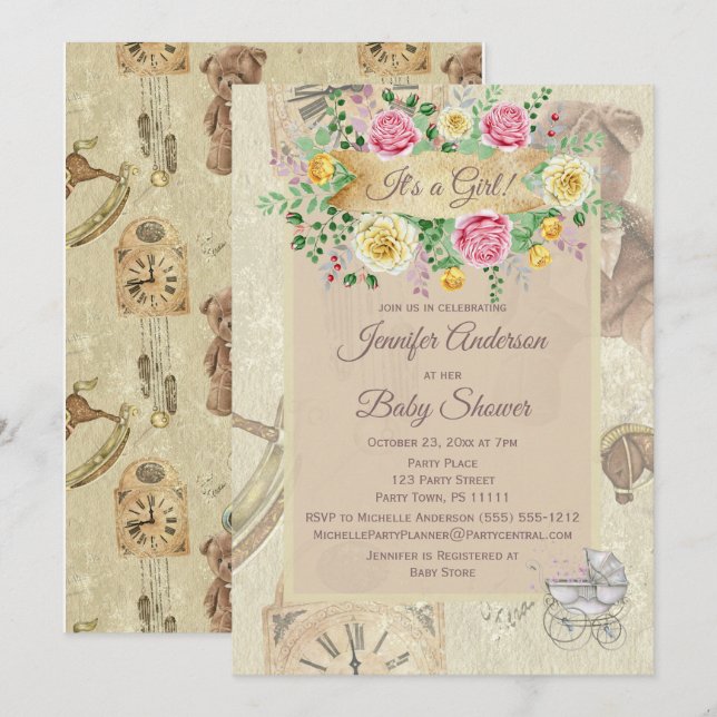 Vintage Toys Floral Baby Shower Invitation (Front/Back)