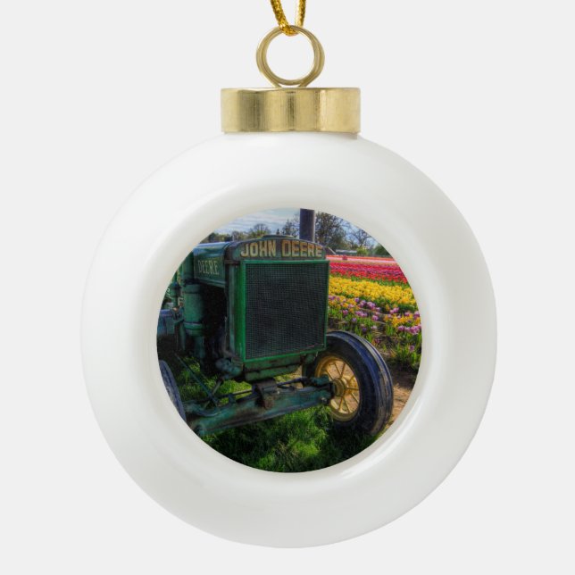 Vintage Tractor & Tulips Ceramic Ball Ornament (Front)