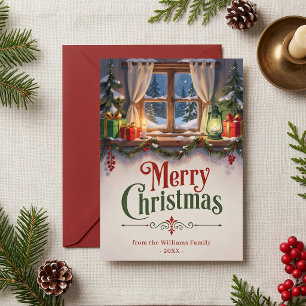 Vintage Traditional Cozy Cabin Window Christmas Holiday Card