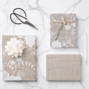 Vintage traditional rustic country burlap and lace wrapping paper sheet