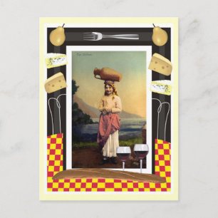 Vintage traditional Sicily girl, wine and cheese Postcard