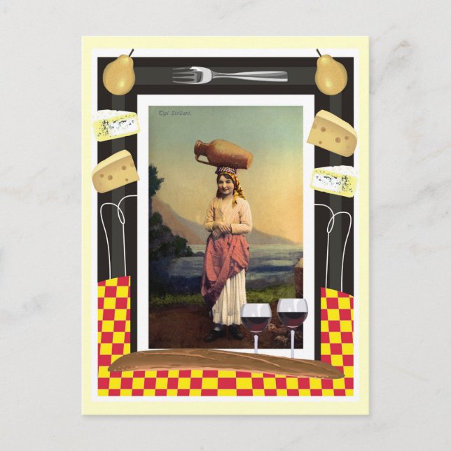Vintage traditional Sicily girl, wine and cheese Postcard (Front)