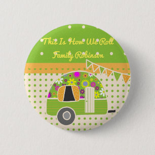 Vintage Trailer Camper Party Supplies Green/Orange 2 Inch Round Button