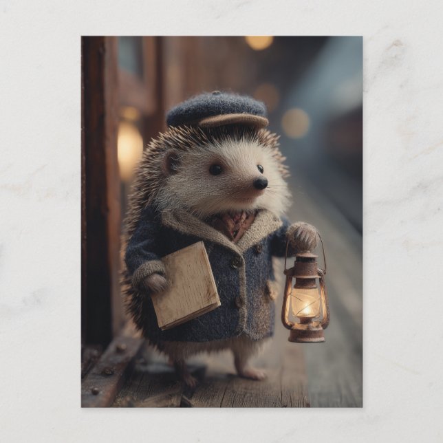 Vintage Train Conductor Hedgehog Postcard (Front)