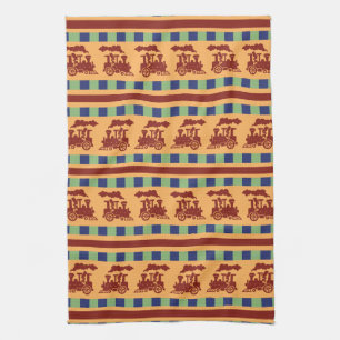 Vintage Train Pattern with Stripes and Checks Kitchen Towel