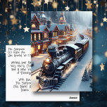Vintage Train Personalized Christmas Postcard<br><div class="desc">Personalized Christmas postcard featuring an ai illustration of a vintage train travelling through a snowy village on a winter day.</div>