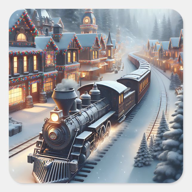 Vintage Train Personalized Christmas Square Sticker (Front)