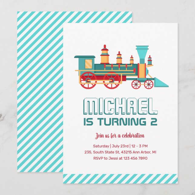 Vintage Train Retro and Colourful Kids Birthday Invitation (Front/Back)