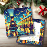 Vintage Train Station on Christmas Eve Personalize<br><div class="desc">An old fashioned train station on Christmas Even with people coming and going trying to make it home. Vintage retro vibes. As the snow falls on this magical night,  I wish you everything merry and bright.  A sweet personalized holiday card to give you a warm and cozy vibe.</div>
