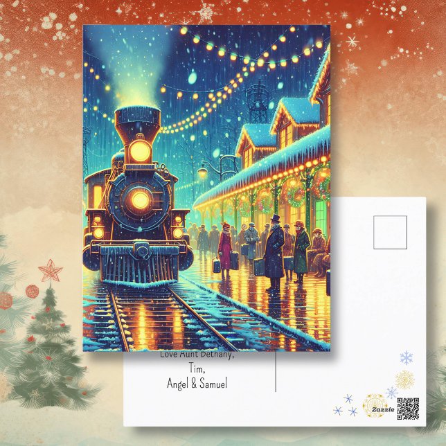 Vintage Train Station on Christmas Eve Personalize Postcard (Creator Uploaded)