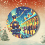 Vintage Train Station on Christmas Eve Snowy Night Classic Round Sticker<br><div class="desc">An old fashioned train station on Christmas Eve with people coming and going trying to make it home. Vintage retro vibes.</div>