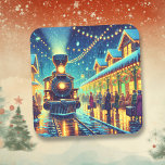 Vintage Train Station on Christmas Eve Snowy Night Square Sticker<br><div class="desc">An old fashioned train station on Christmas Eve with people coming and going trying to make it home. Vintage retro vibes.</div>