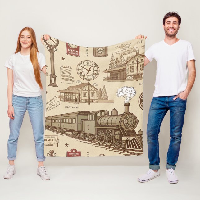 Vintage Train Station Pattern (1) Fleece Blanket (In Situ)