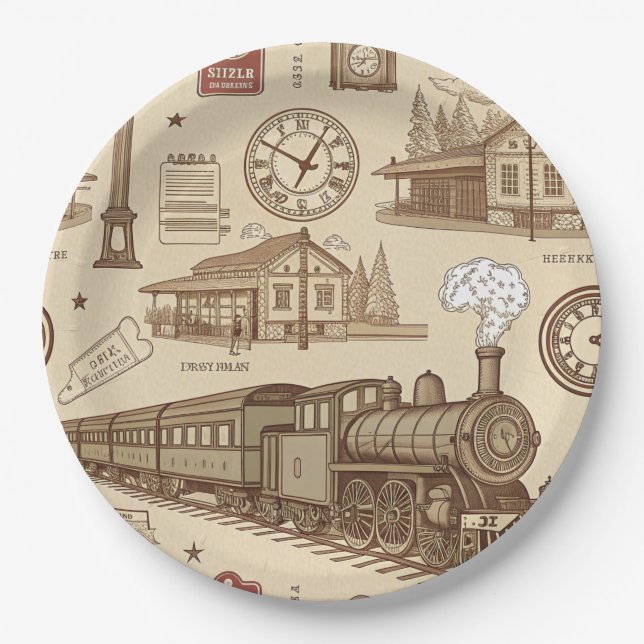Vintage Train Station Pattern (1) Paper Plate (Front)