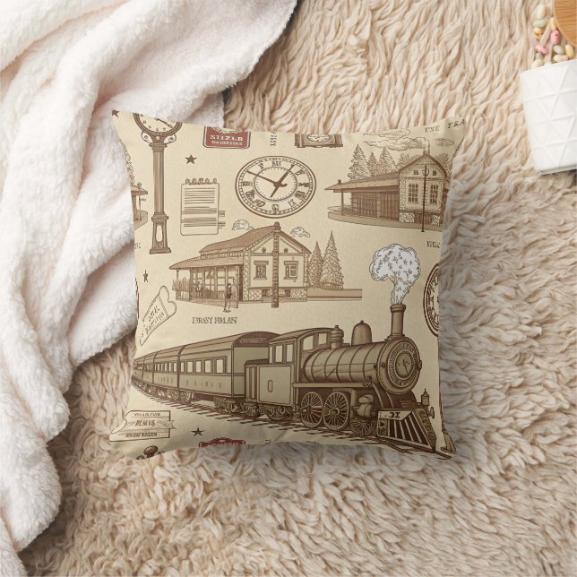 Vintage Train Station Pattern (1) Throw Pillow (Blanket)