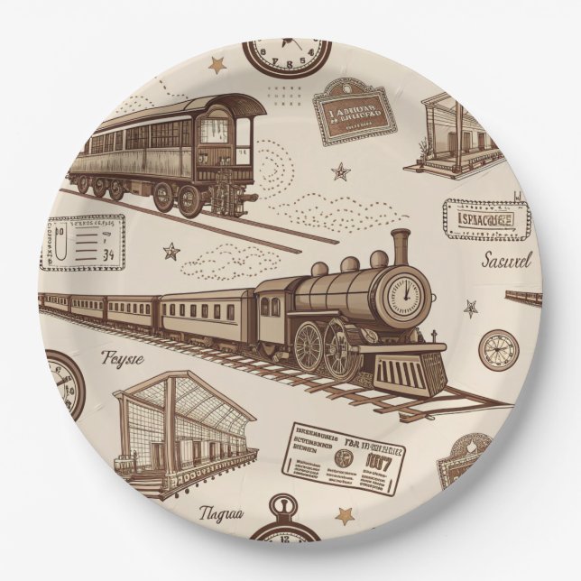 Vintage Train Station Pattern (2) Paper Plate (Front)