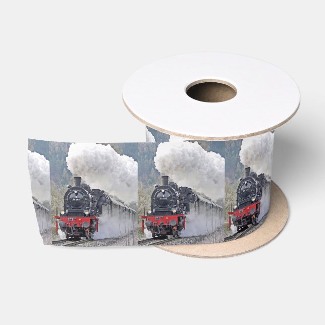 Vintage Train Steam Locomotive Photo Satin Ribbon (Spool)