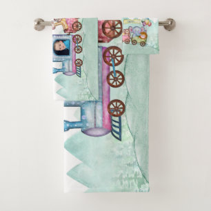 Vintage Train Transport Birthday Watercolor photo Bath Towel Set
