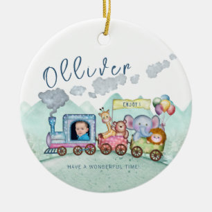 Vintage Train Transport Birthday Watercolor photo Ceramic Ornament