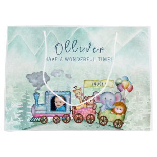 Vintage Train Transport Birthday Watercolor photo Large Gift Bag