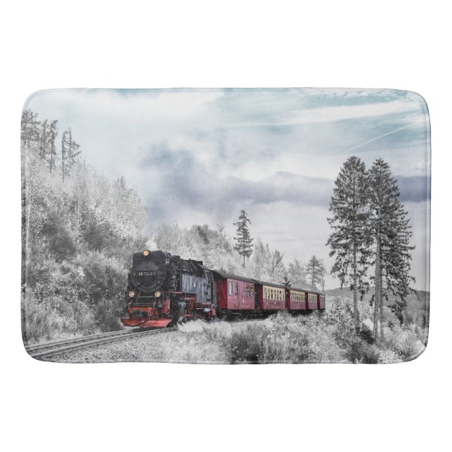 Vintage Train Travelling through Winter Wonderland Bath Mat (Front)