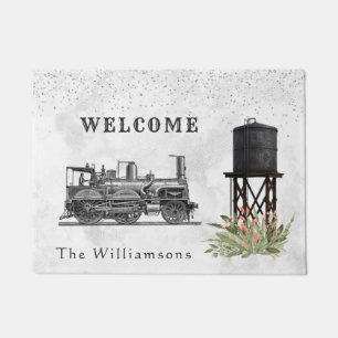 Vintage Train Water Tower Floral Confetti  Welcome Doormat