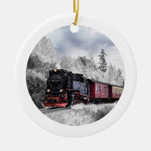 Vintage Train Winter Christmas Scene Ceramic Ornament (Front)