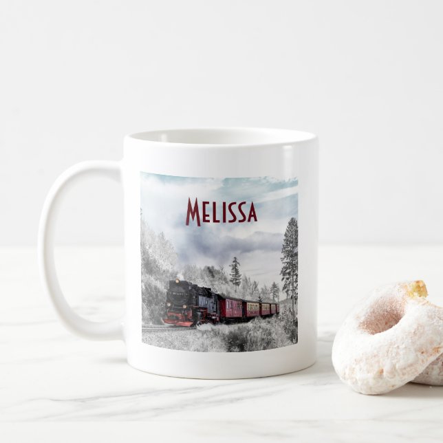 Vintage Train Winter Christmas Scene Coffee Mug (With Donut)