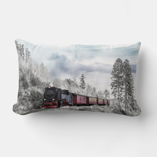 Vintage Train Winter Christmas Scene Lumbar Pillow (Front)