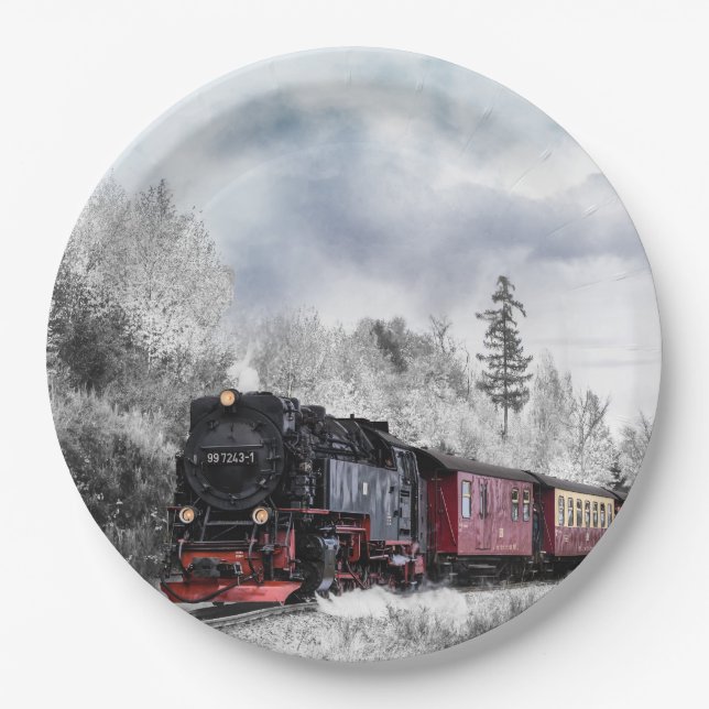 Vintage Train Winter Christmas Scene Paper Plate (Front)