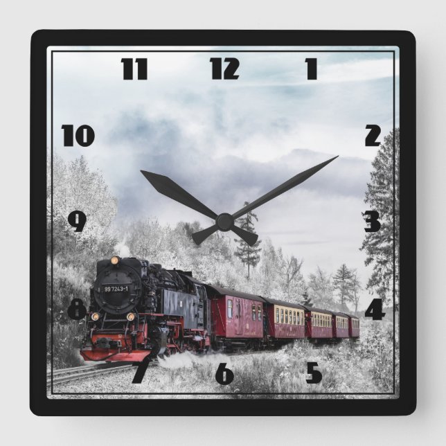 Vintage Train Winter Christmas Scene Square Wall Clock (Front)