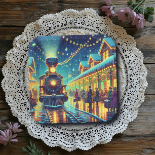 Vintage Trains on a Snowy Night Paper Plate