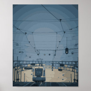 vintage tram at sunset watercolor look poster