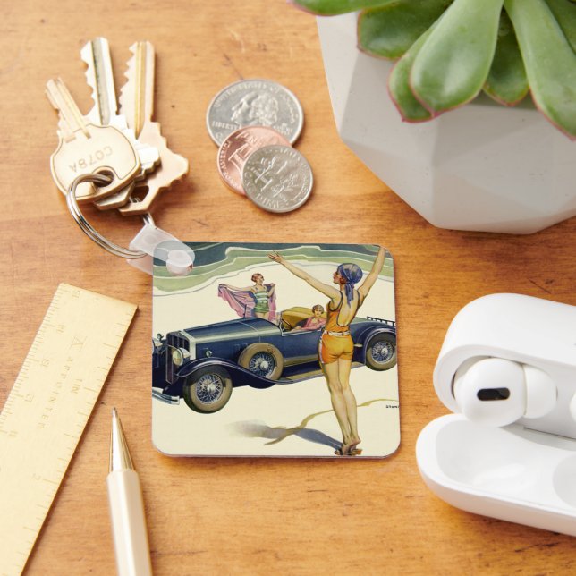 Vintage Transportation Convertible Car on Beach Keychain (Desk)