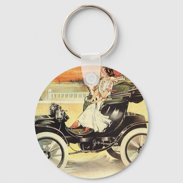 Vintage Transportation, Woman in Convertible Car Keychain (Front)