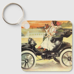 Vintage Transportation, Woman in Convertible Car Keychain