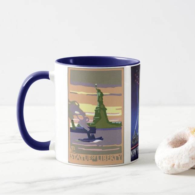 Vintage Travel, 3 different NYC Landmarks Mug (With Donut)