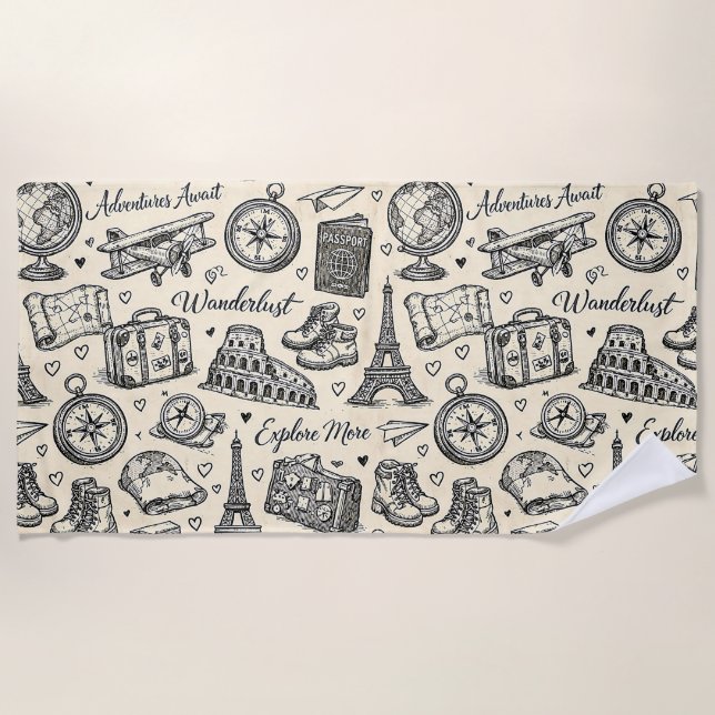 Vintage Travel Adventures Seamless Pattern Beach Towel (Front)