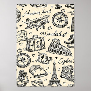 Vintage Travel Adventures Seamless Pattern Poster