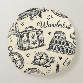 Vintage Travel Adventures Seamless Pattern Round Pillow