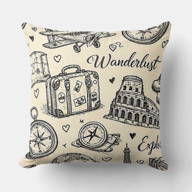 Vintage Travel Adventures Seamless Pattern Throw Pillow (Front)