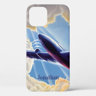 Vintage Travel, Airplane Flying in Clouds in Sky iPhone 12 Case