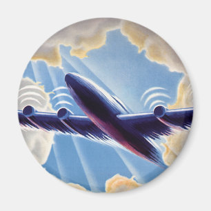 Vintage Travel, Airplane Flying in Clouds in Sky Magnet