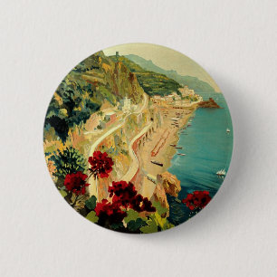 Vintage Travel, Amalfi Italian Coast Beach 2 Inch Round Button