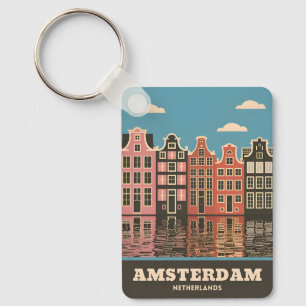 Vintage Travel Amsterdam Netherlands Canal Houses Keychain