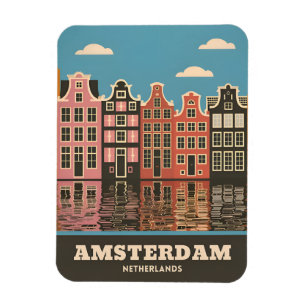 Vintage Travel Amsterdam Netherlands Canal Houses Magnet